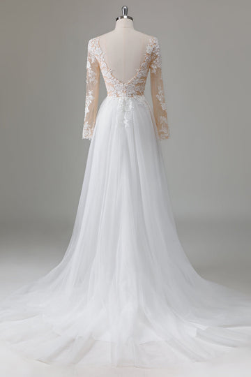 Robe de mariée ivoire à manches longues à col en V appliquée avec fente